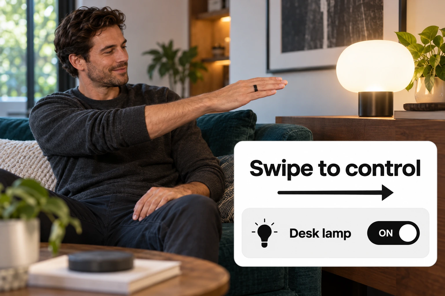Gesture-control example: swipe to control a desk lamp, with the light switch shown ON