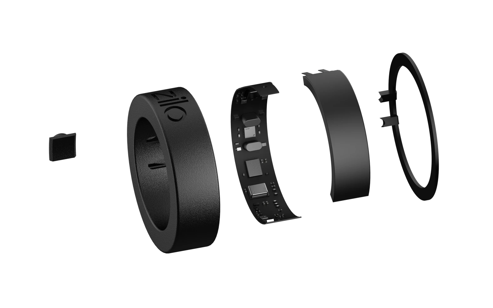 Exploded view of the OpenZilo ring showing its enclosure, circuit board and inner layers